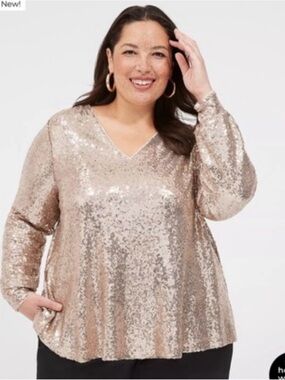 Lane Bryant Size 22 Champagne Sequin V-Neck Long Sleeve Party Top